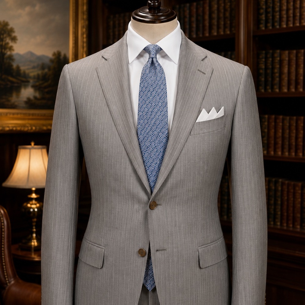 Kiton Pearl Gray Pinstripe Summer Suit with Lt Blue Salvatore Ferragamo Tie